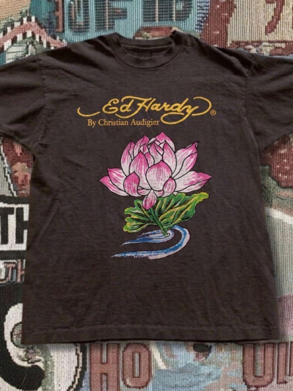 Gildan Black Tee with Pink Lotus and Gold Script